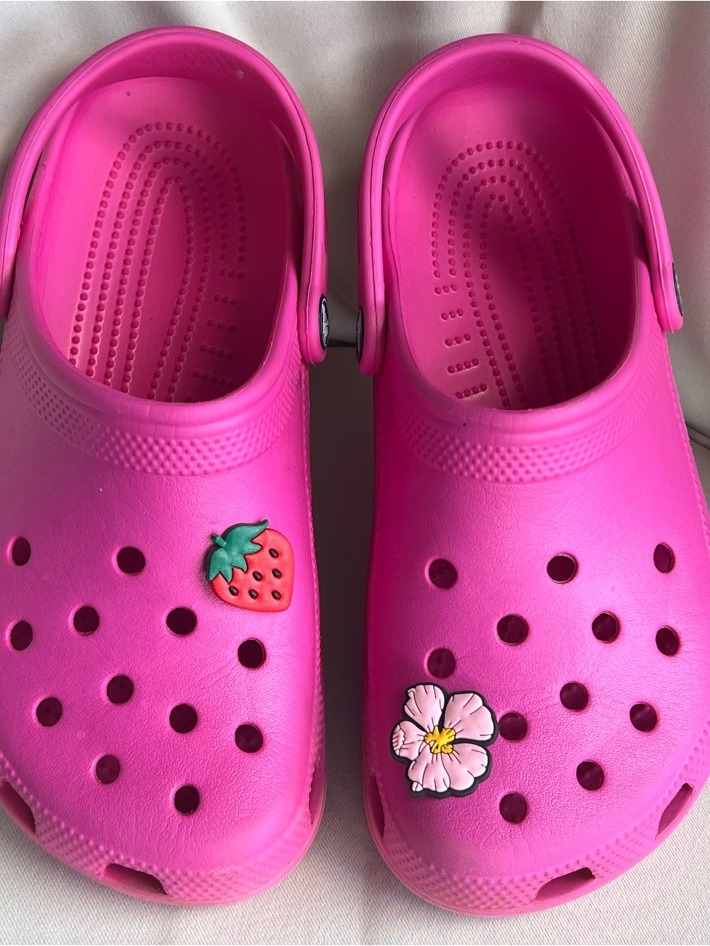 Kids Bright Pink Slip-On Clogs with Strawberry & Flower Charms